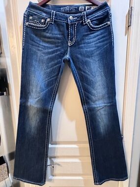 Miss Me Dark Blue Boot Cut Jeans with White Contrast Stitching